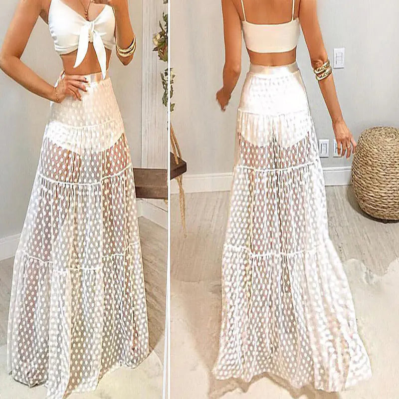 Polka Dot Pleated Elastic Waist Large Swing Skirt