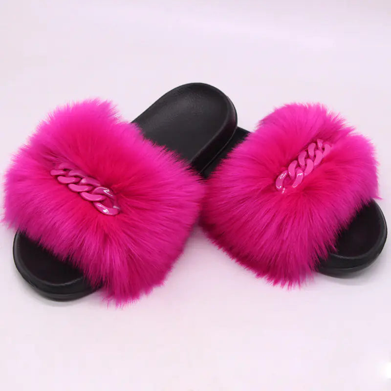 Furry Fluffy Flip Flops with Plush Raccoon Fur Slides
