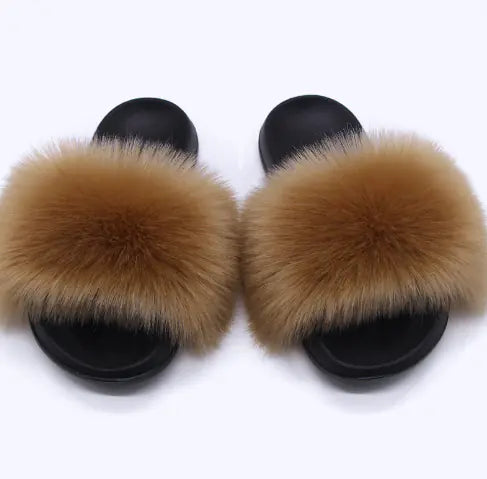 Non-Slip Plush Faux Fox Fur Slippers for Women