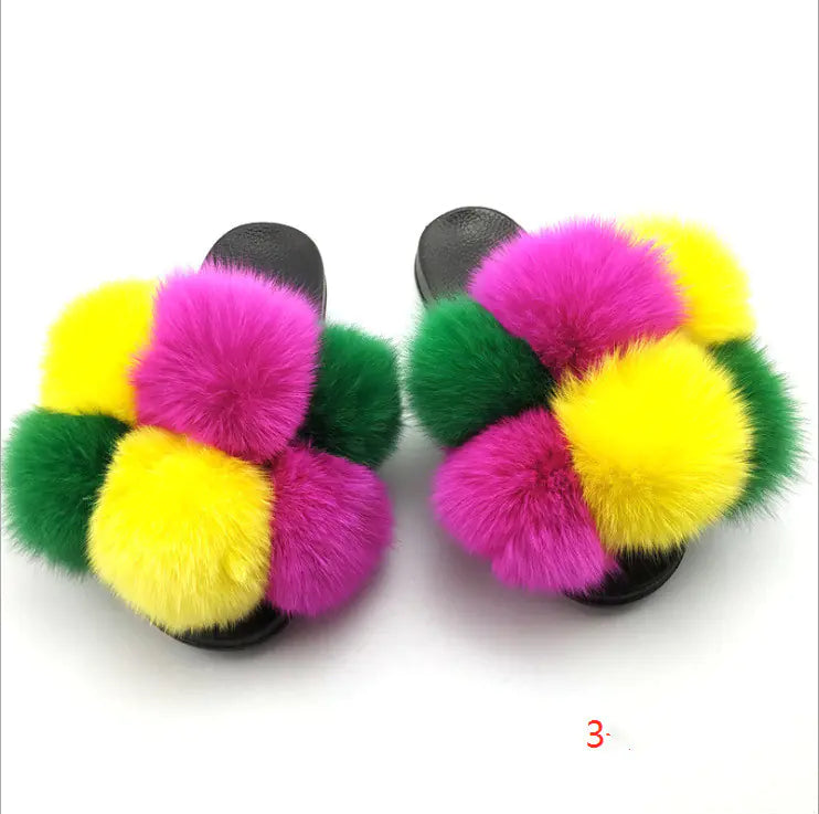 Children's Fashion Flip Flops with Fox and Raccoon Fur
