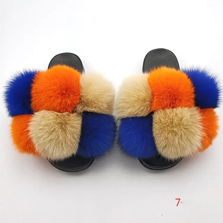 Children's Fashion Flip Flops with Fox and Raccoon Fur