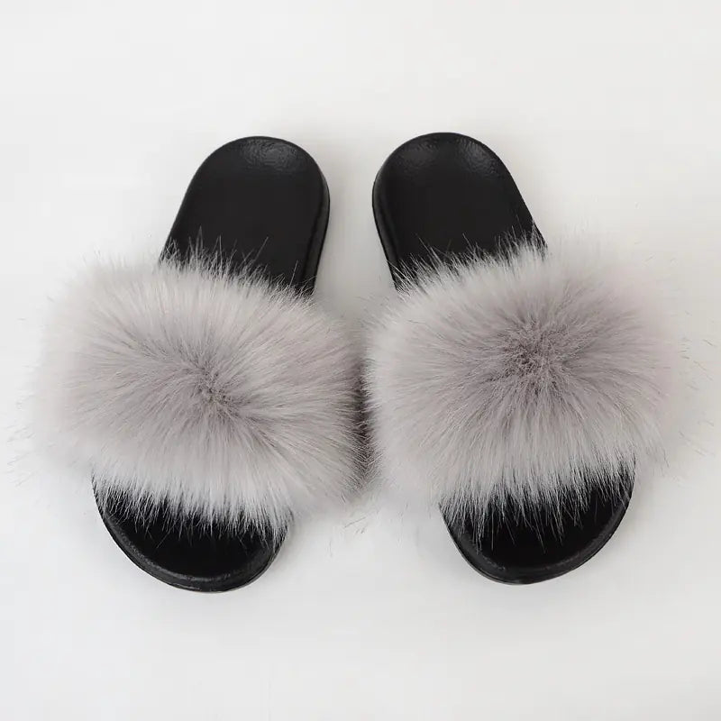 Non-Slip Plush Faux Fox Fur Slippers for Women