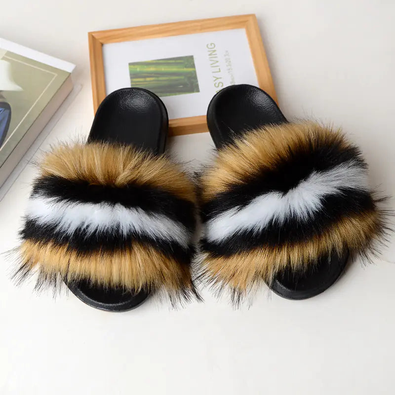 Non-Slip Plush Faux Fox Fur Slippers for Women