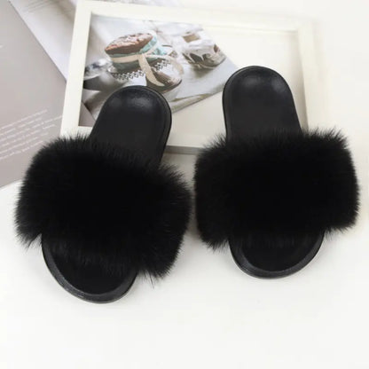 Non-Slip Plush Faux Fox Fur Slippers for Women