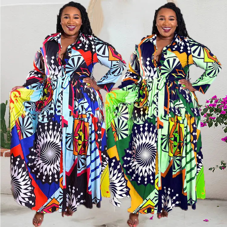 Plus Size 5XL Long Sleeve African Print Maxi Dress