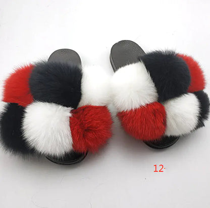 Children's Fashion Flip Flops with Fox and Raccoon Fur