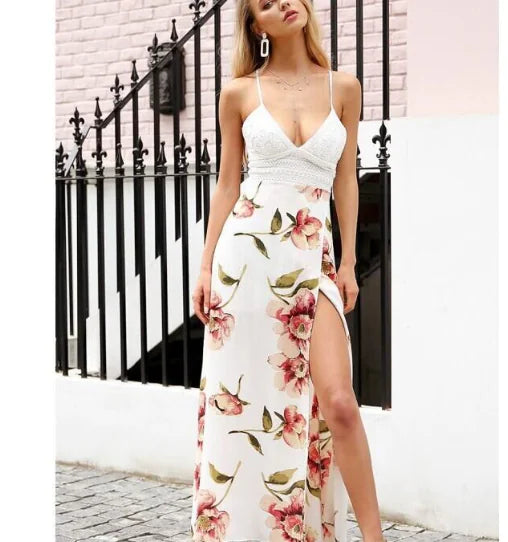 Backless Lace Maxi Dress with Side Slits and Straps