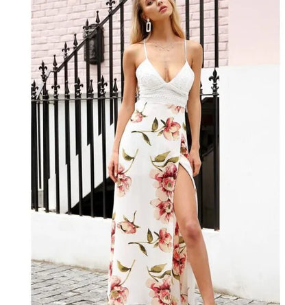 Backless Lace Maxi Dress with Side Slits and Straps