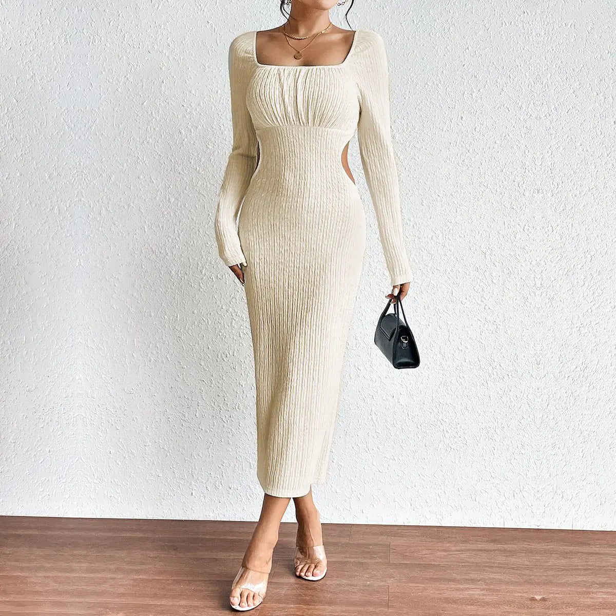 Square Collar Long Sleeve Midi Dress for Women