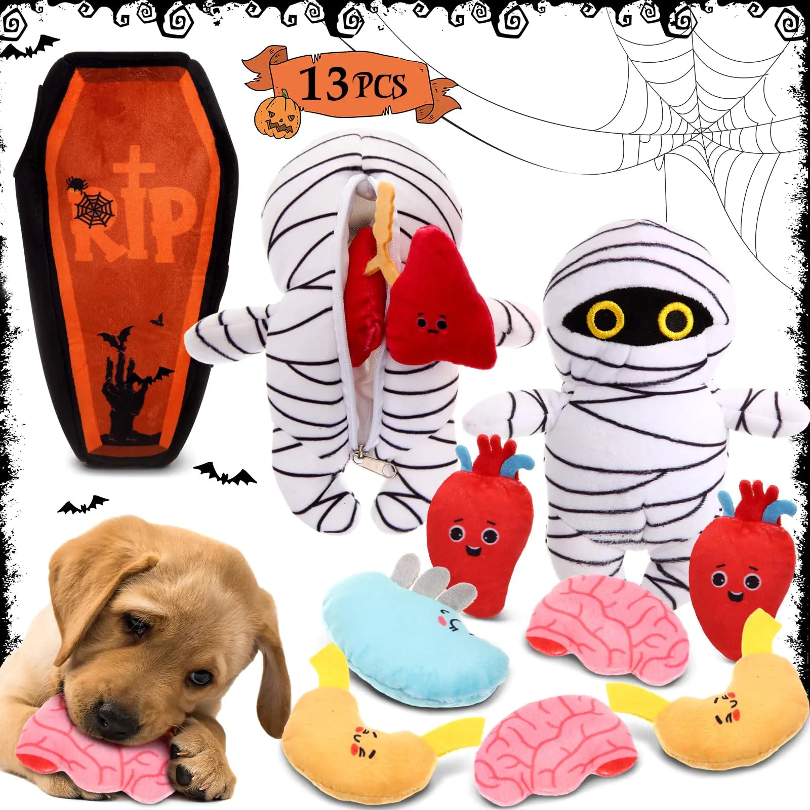 Glimin 13 Pcs Halloween Hide and Seek Dog Toys Halloween Coffin Mummy Dog Toys with Organs Burrow Interactive Dog Toys Halloween Stuffing Body Dog Squeaky Toys for Halloween Decor Dog Training