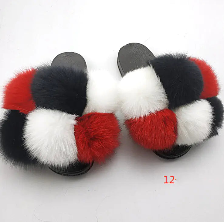 Children's Fashion Flip Flops with Fox and Raccoon Fur