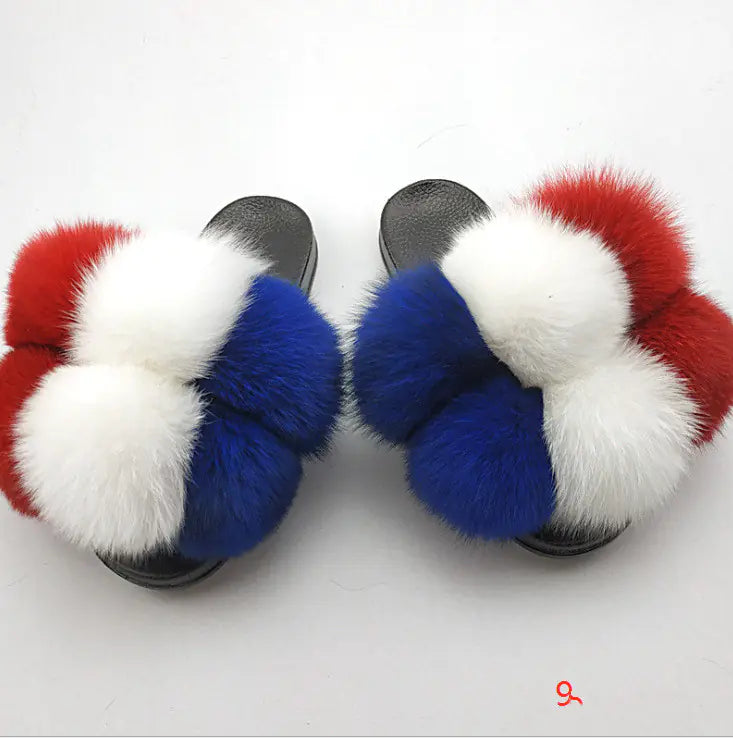 Children's Fashion Flip Flops with Fox and Raccoon Fur