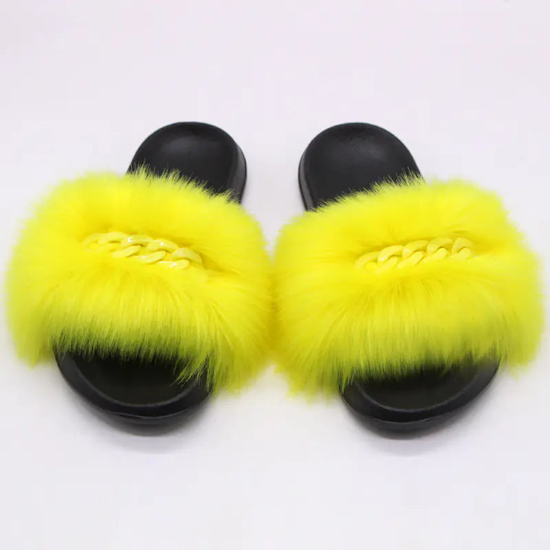 Furry Fluffy Flip Flops with Plush Raccoon Fur Slides