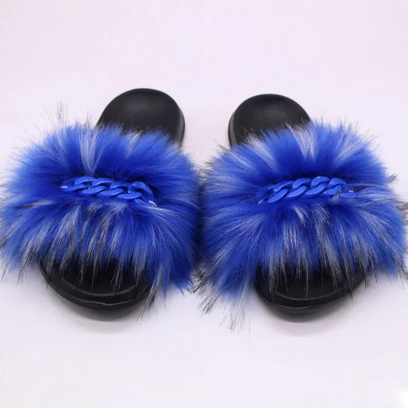 Furry Fluffy Flip Flops with Plush Raccoon Fur Slides