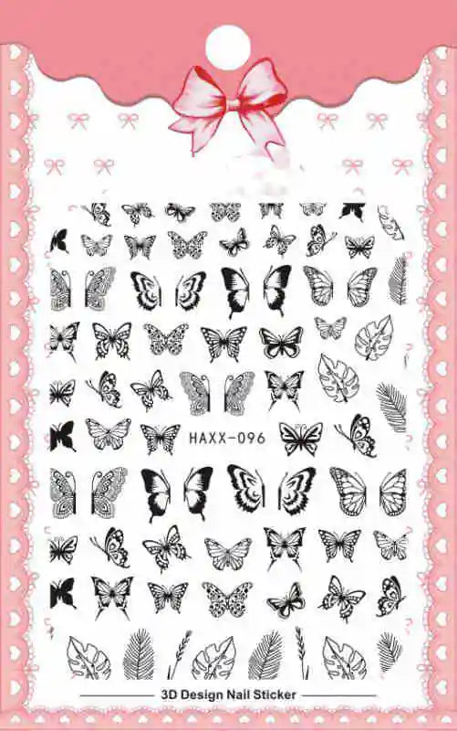 Black Butterfly Nail Stickers with White Flower Design