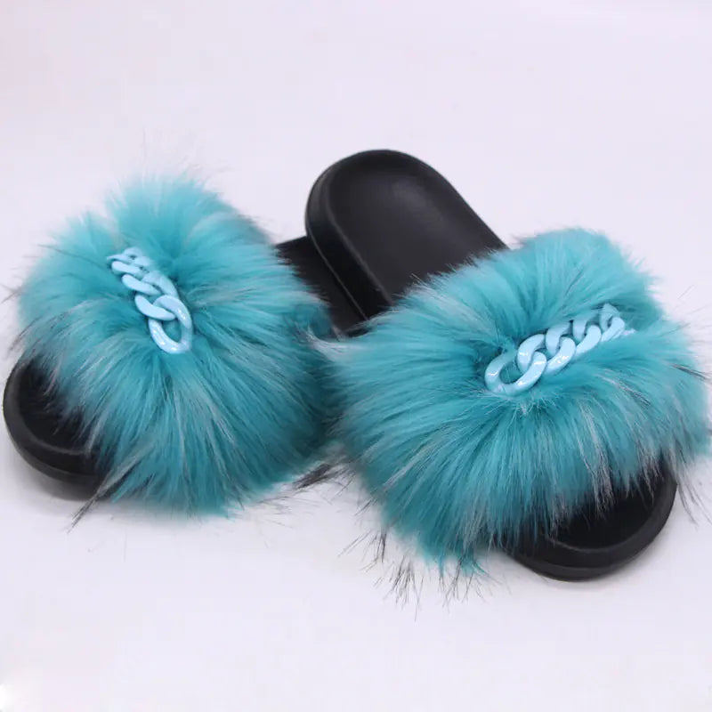 Furry Fluffy Flip Flops with Plush Raccoon Fur Slides