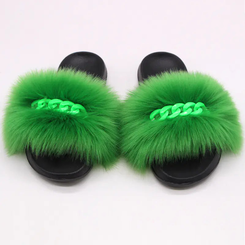 Furry Fluffy Flip Flops with Plush Raccoon Fur Slides