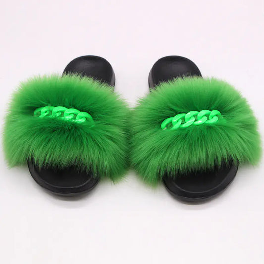 Furry Fluffy Flip Flops with Plush Raccoon Fur Slides