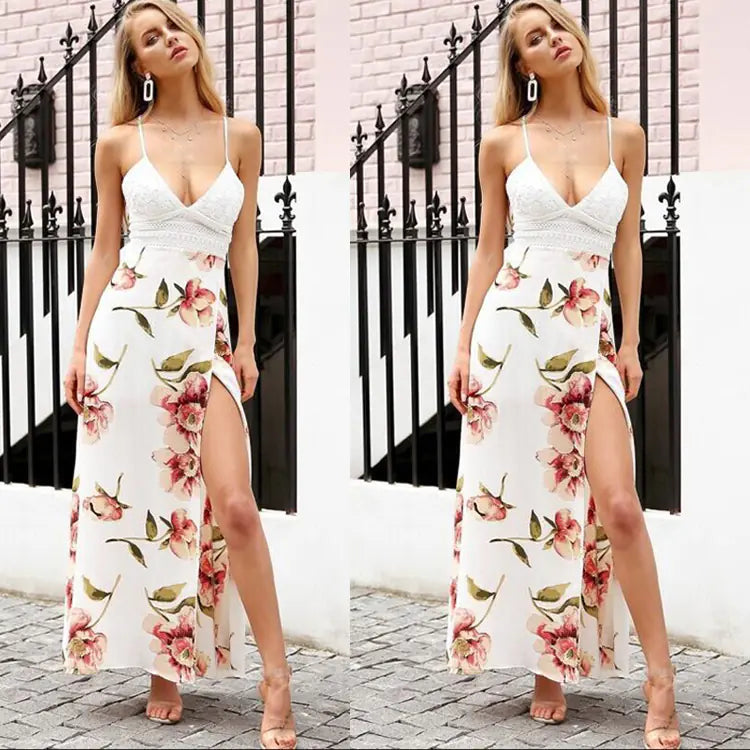 Backless Lace Maxi Dress with Side Slits and Straps