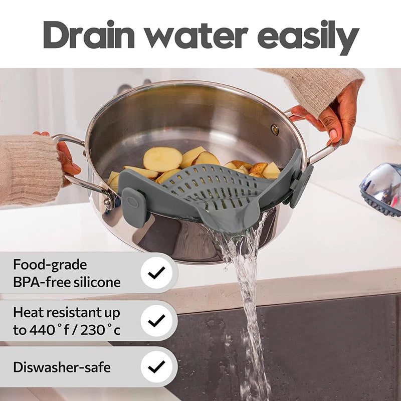 Universal Silicone Clip on Pan Pot Strainer Anti Spill Pasta Pot Strainer Food Grade Fruit Colander for Pasta Fruit Vegetable