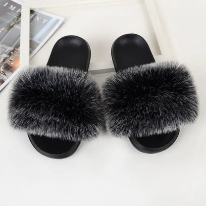Non-Slip Plush Faux Fox Fur Slippers for Women