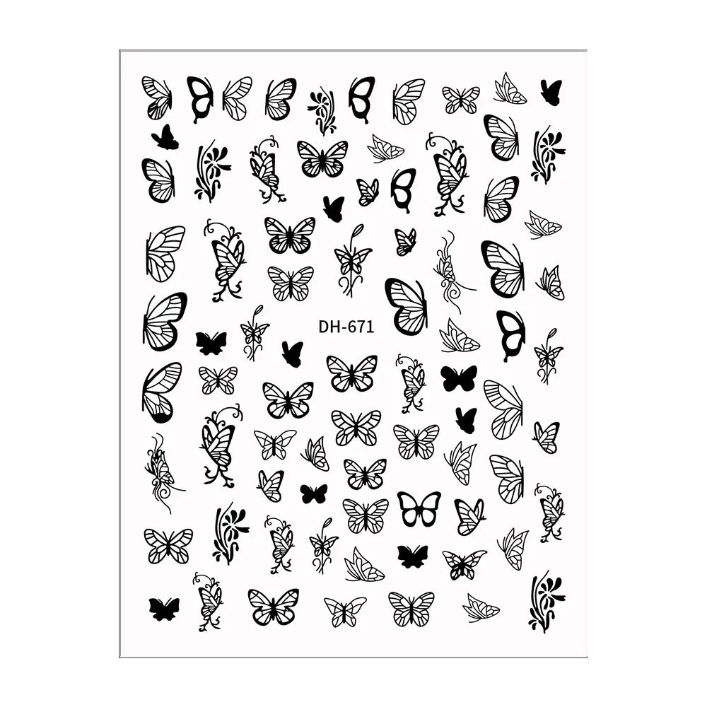 Black Butterfly Nail Stickers with White Flower Design