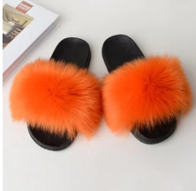 Non-Slip Plush Faux Fox Fur Slippers for Women
