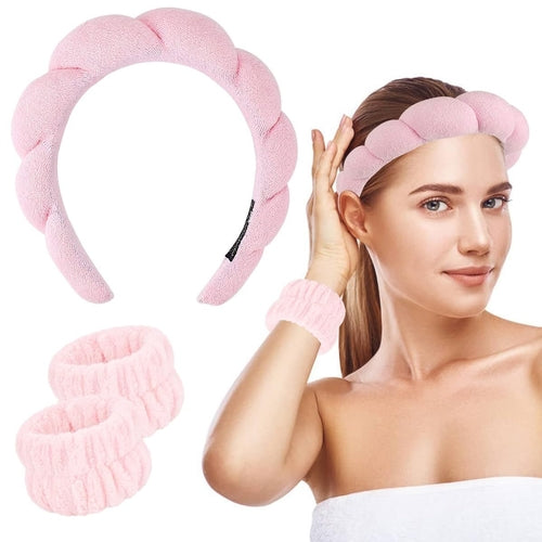 Spa Headband Wristband Facial Set for Women - Pink