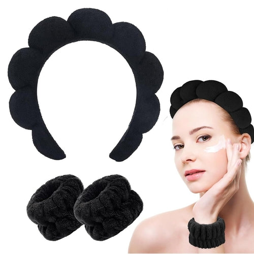 Spa Headband Wristband Facial Set for Women - Black