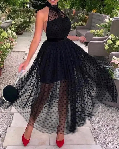 Elegant Black Polka Dot Swing Skirt (European Style)