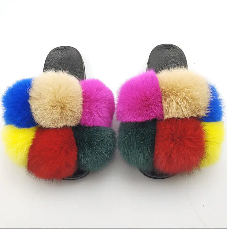Children's Fashion Flip Flops with Fox and Raccoon Fur