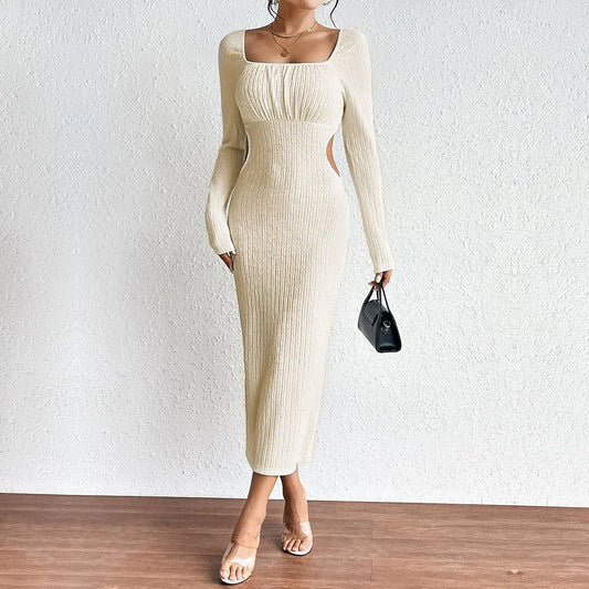 Square Collar Long Sleeve Midi Dress for Women