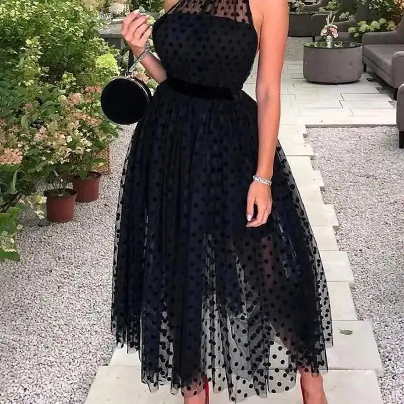 Elegant Black Polka Dot Swing Skirt (European Style)