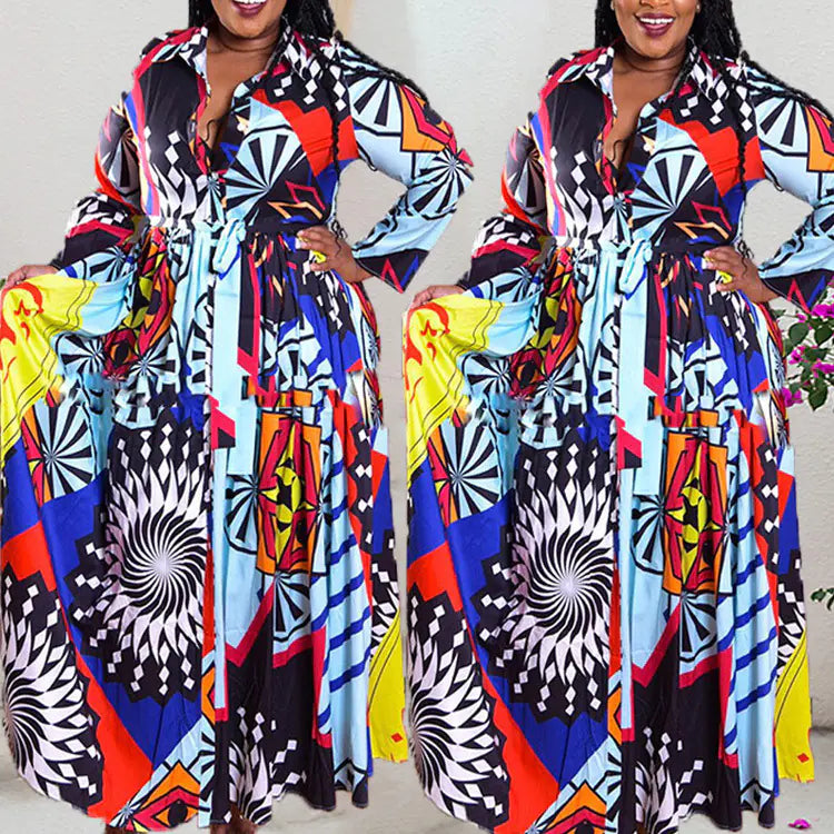 Plus Size 5XL Long Sleeve African Print Maxi Dress