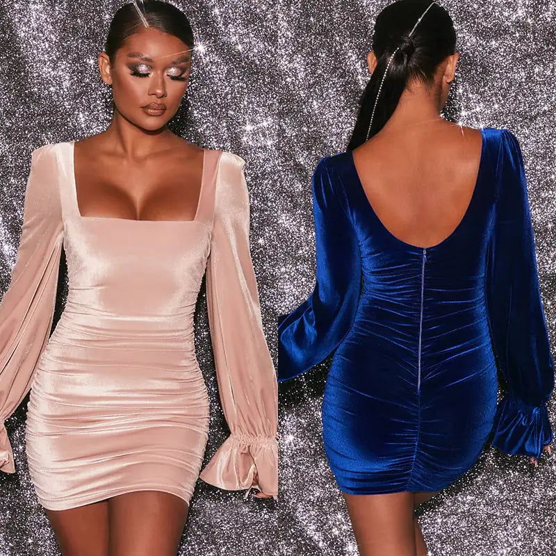 Backless Square Collar Long Sleeve Dress for Women